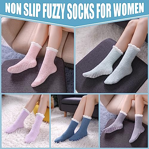 Image of Yebing Non Slip Hospital Socks for Women with Grips Fuzzy Cozy Anti Skid Slipper Socks Winter Warm Soft Fluffy Sleep Socks