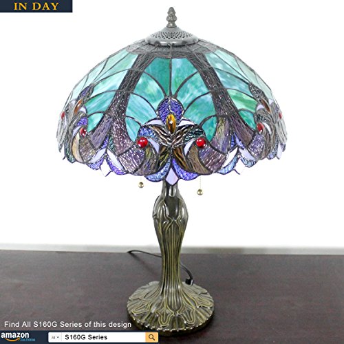 Werfactory Tiffany Style Lamp Green Liaison Stained Glass Bedside Table Lamp 16X16X24 Inches Desk Light Metal Base Decor Bedroom Living Room Home Office S160G Series Teal Purple #TOP4
