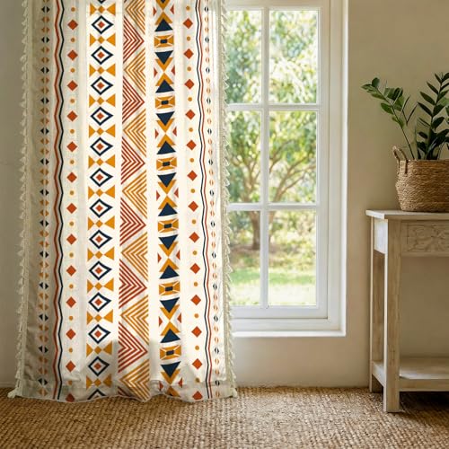 Image of Urban Space Abstract Boho Decorative Curtain for Window, 100% Cotton Curtain 5 Feet Long, 1piece Curtain with Tassels, 60-65% Room Darkening with Tieback and Eyelets (Boho Multi Orange, 5 Feet)