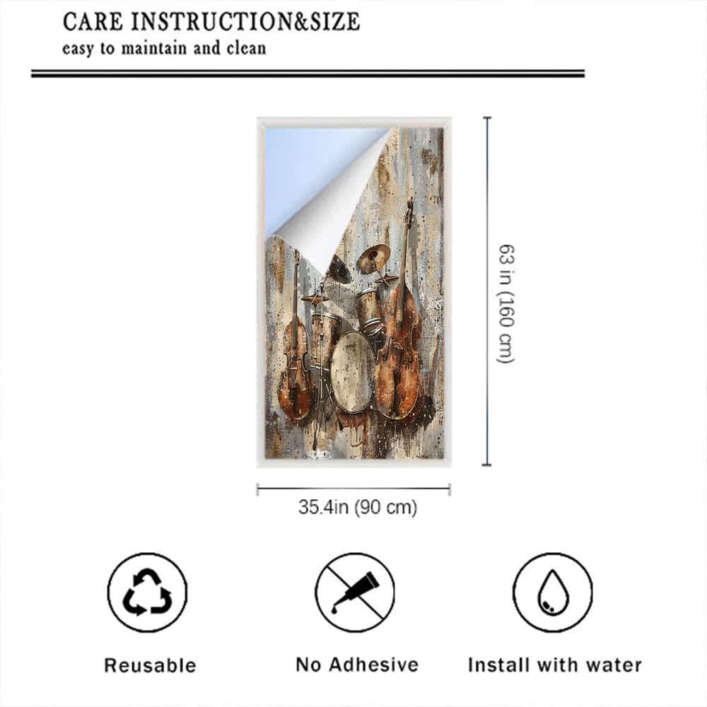 Fensterfolie, Motiv: Retro-Aquarell-Instrumente, Buntglas-Fensterfolie, Gitarrentrommeln, Musikaufführung, dekorative Milchglas-Sichtschutzfolie, Wärmeregulierung, statische Haftung, Fensteraufkleber