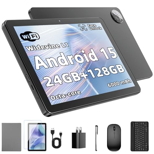 Tableta Android de 15,10 pulgadas: 24 GB de RAM + 128 GB de ROM (hasta 1 TB), procesador Octa Core, pantalla IPS HD 1280x800, cámaras de 5 MP + 8 MP, batería de 6000 mAh, teclado, ratón, Widevine