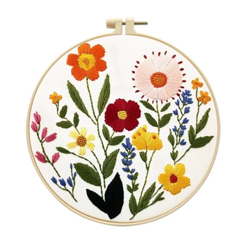 Image of Zhenqing Flower Embroidery Kit for Beginners, Floral Hand Embroidery Starter Kit with Pattern, Wildflower Needlework Craft Set with Cotton Fabric, Hoop, Threads, Needles and Embroidery Tools (C0125)