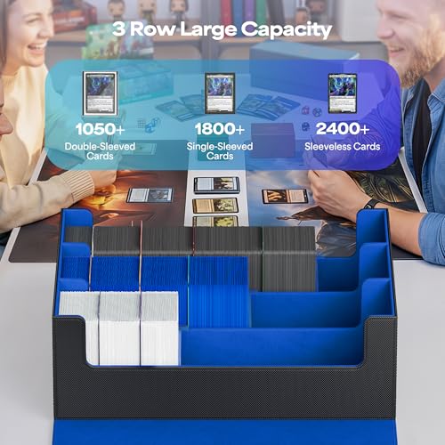 Image of UAONO Trading Card Storage Box, Holds 1800 Sleeved Cards with 10 Dividers & 3 Stoppers, Magnetic Closure PU Leather Card Case for MTG, PTCG, YGO, Sports Cards (Black&Blue)
