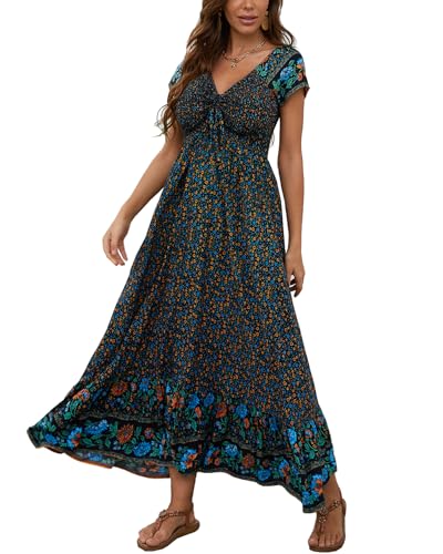 Image of Summer Smocked Boho Maxi Dress for Women 2026 Short Sleeve Floral Smocked Flowy Ruffled Beach Vacation Dresses Lightweight