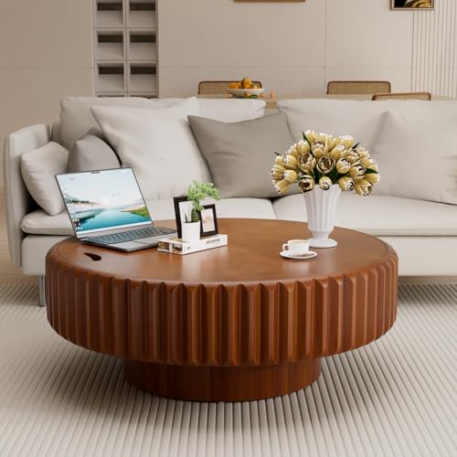 Moderna mesa de centro redonda estriada de madera, mesas de café hechas a mano con base resistente, mesa de centro circular pequeña de estilo contemporáneo para sala de estar, oficina, fácil montaje