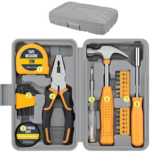 24pc Yellow Home DIY Tool Kit Set - Essential Household Hand Tools in Portable Storage Box for Home Office & Garage Repairs - Starter Basic Tool Kit for Men & Women