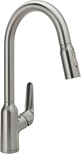 hansgrohe Focus N - Grifo de cocina de arco alto de acero inoxidable, grifos de cocina con rociador extraíble, grifo para fregadero de cocina,