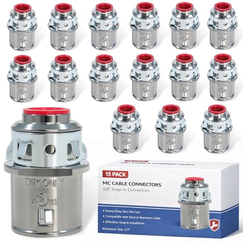 15 Pack MC Cable Connectors for MC/AC Cable 3/8 Snap in Connectors Zinc Electrical Conduit Connector for 14/2 to 10/3 Steel and Aluminum Cable 1/2 Knockout Size
