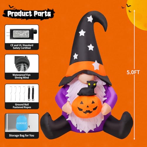 Image of GOOSH 5 FT Halloween Gnomes Inflatables Outdoor Decorations, Gnome with Pumpkin Blow Up Yard Decorations Built-in LED Lights for Halloween Outdoor Decoration