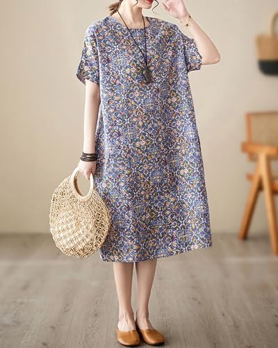 Image of LUZU JUNU Women's Summer Baggy Plus Size Loose Cotton Linen Long Boho Beach Dress with Pockets