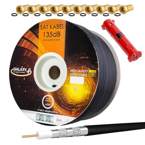 hb-digital Set 100m de câble coaxial SAT 135db Noir + 10x F-Plug plaqué or + 1x Wire Stripper | CU Pure Copper Satellite Antenna Cable 5-Fold Shielded for DVB-S/S2 -C/C2 -T/T2 DAB+ Radio Systems