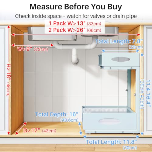 Image of Under Sink Organizer, 2 Tier Pull Out Under Cabinet Organizer Shelf with Pad for Framed Cabinets, Metal Slide Out Under Sink Storage, Mesh Sliding Drawers for Kitchen Bathroom Laundry(Blue, 1 Pack)