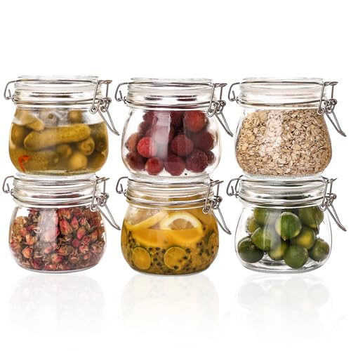 Liuruiyu 16oz - 6 Pack Round Glass Jars with Airtight Lid Wide Mouth Mason Jars with Clamp Lids Air Tight Glass Canisters Food Storage Containers for Cereal Pasta Beans Sugar Coffee Spice