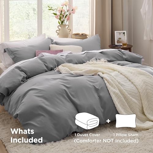 Image of Bedsure Grey Duvet Cover Twin /Twin XL Size - 2 Pieces Prewashed Cotton-Like Polyester Extra Soft Bedding Set, Includes 1 Twin Duvet Cover 68x90 Inches with Zipper Closure & 1 Pillow Sham, No Comforter