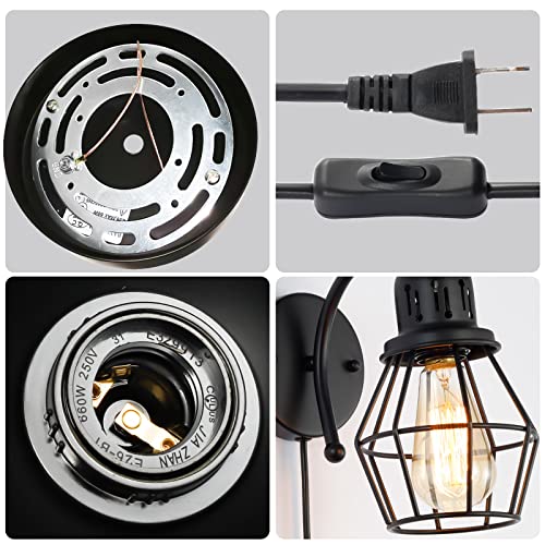 Banganma Plug In Wall Sconce Set Of 2, Black Industrial Vintage Cage Wall Light Fixture With On Off Switch，Wall Lamp With Plug In Cord For Bedroom Farmhouse Hallway #TOP2