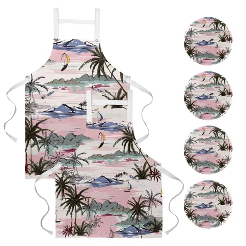 Tablier de cuisine voiliers et palmiers pour pâtisserie et bistrot