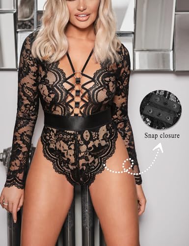 Ladies & Men's story Women Sexy Floral Lace Long Sleeves Bodysuit Backless Teddy Lingerie3