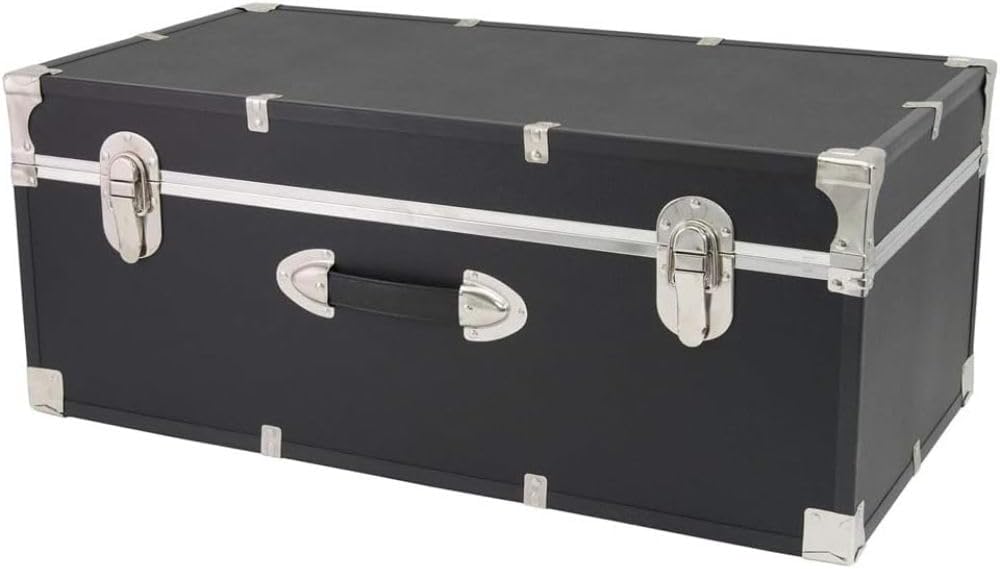 30-Inch Storage Trunk Lockable College Dorm Footlocker Heavy-Duty Camp Chest Travel Organizer Durable Wooden Utility Box with Nickel Hardware for Bedroom Office, Black Finish