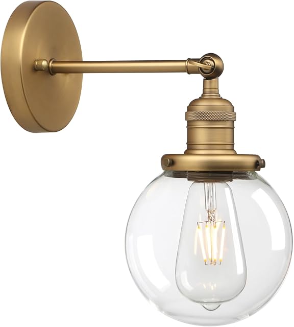 Phansthy Industrial Wall Lights Vintage Wall Sconces with Clear Globe Glass Shade Wall Lamp Suitable for Hallway Living Room Kitchen Dining Room Bedroom Vanity Mirror (Antique Brass)