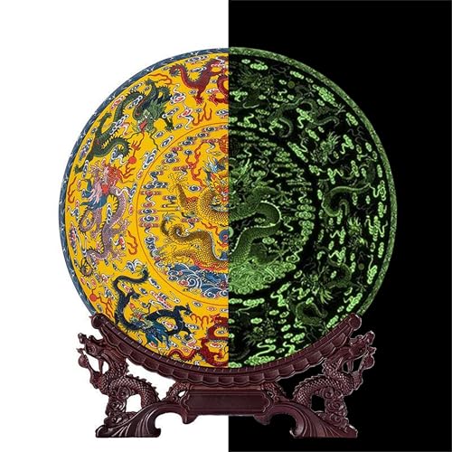 LIYAOLI Decorative Plates for Display - Handmade Chinese Classical Black Peacock & Peony Porcelain Plates for Living Room, Dining Table, Shelf Decor (2026 Art Collection) (Luminous - Dragon)