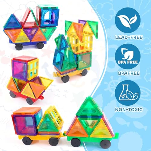 Image of ANVIE & ABEER Set of 20 Pcs Big (75mm) Magnetic Tiles with 2 Car Chassis of Random Colour | Magnetic Building Blocks | STEM Educational Construction Toy for Kids Boys & Girls