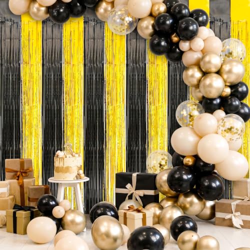 Image of 2 Pack Fringe Curtains Backdrops, Foil Fringe Curtains, Door Streamers for Birthday Wedding Bridal Shower Holiday Graduation Party Decorations Black Gold