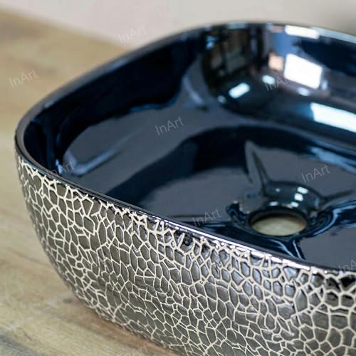 Image of InArt Designer Ceramic Wash Basin /Vessel Sink /Over or Above Counter Top Wash Basin for Bathroom Rectangle Shape Blue Color 18 x 13 x 5.5 Inch