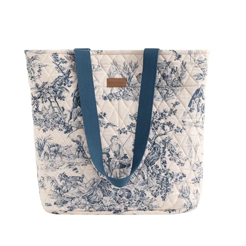 Maison d’ Hermine Shopping Bags Cotton Quilted Tote Bag with Zipper Pockets | With Small Pouch Reusable Shoulder Grocery Bag for Gifts Beach Travel Women Men Spring Summer