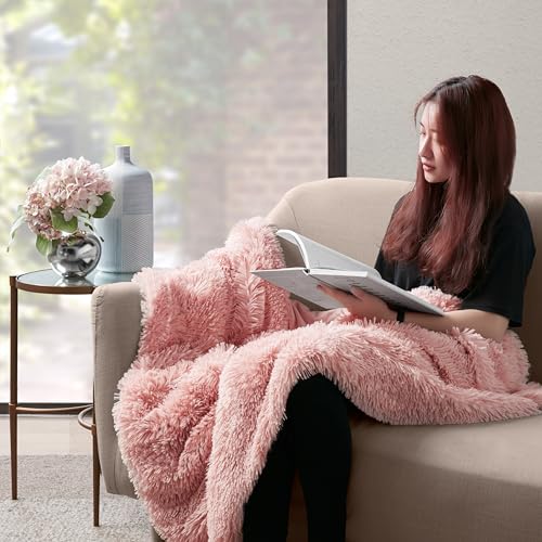 Blush Pink Throw Blanket - Fluffy Shaggy Faux Fur, Ultra Soft and Fuzzy Reversible Blankets by Hyde Lane, 50x60 in Rose Gold - Thumbnail 6