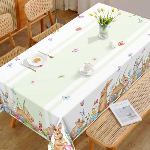 Arquiel Tischdecke Ostern, Kaninchen Tischtuch Wasserabweisend StrapazierfäHiges, Abwischbar Tischdeck FüR Abendessen, KüChe, Hochzeit, Drinnen, FrüHling/Sommer(152 x 213 cm)