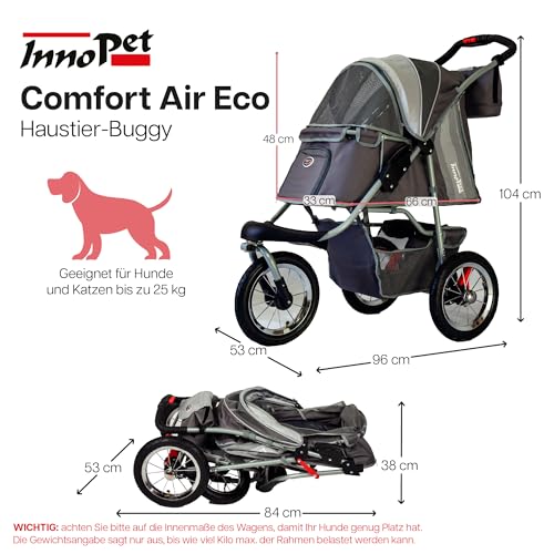 Innopet Comfort Air Eco Grauer Hundebuggy Katzenbuggy - Leichter Hundewagen mit 30cm Luftreifen - Einhändig faltbar - für alle Untergründe und im Gelände - recycelter Nylonstoff