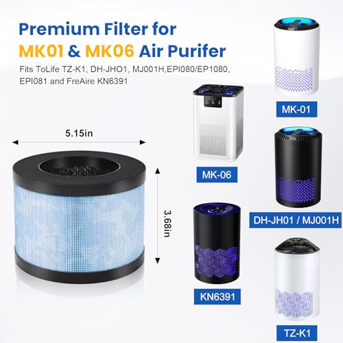 Image of MK06 MK01 True HEPA Replacement Filter for AROEVE MK01 MK06, FreAire KN6391, Kloudi DH-JH01,ToLife TZ-K1, POMORON MJ001H, Intelabe EPI080 /EP1080, Elechomes EPI081 /EP1081 Air Cleaner Purifier,4 Pack