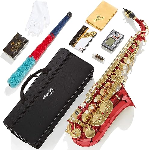 Mendini By Cecilio Alto Saxophone for Beginners, E Flat Alto Saxophone for Students Musicians with Tuner, Mouthpiece, Case, 10 Reeds, Grease, Cleaning Cloth & Rod, Gloves, Strap, Book (Red Gold)