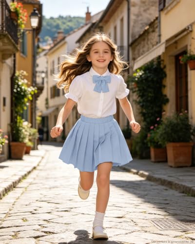 Image of Betusline Girls Skirt Set JK School Uniform 2-Piece Outfit - Short Sleeve Shirt with Bow & Pleated Skirt 4T-14Y