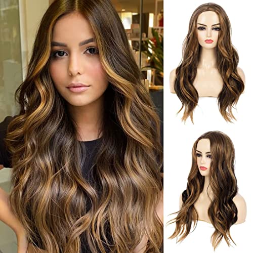 Sallcks Womens Brown Long Culry Wavy Wig Brown Wig with Blonde Highlight Middle Part Synthetic Heat Resistant Party Costume Halloween Full Wig with Wig Cap
