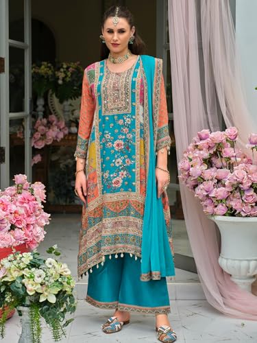 Image of INDO ERA Women's Pure Silk Printed Ethnic Motifs A-Line Kurta & Palazzo with Dupatta Set (IEOUT186)