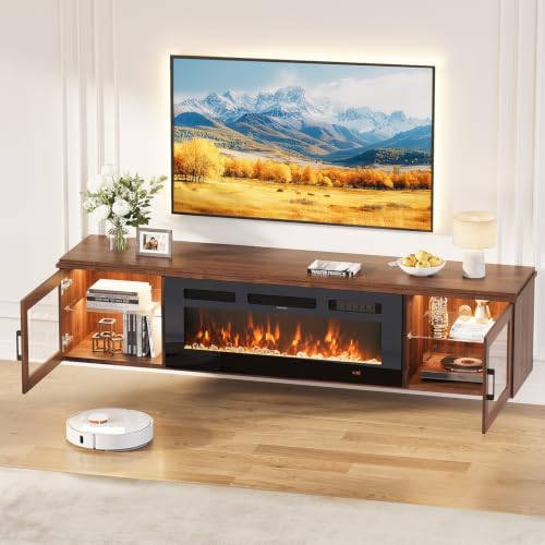 Image of 70 inch Floating TV Stand with Fireplace, High Gloss Finish Wall Mounted Fireplace Entertainment Center with Storage for TVs Up to 80 inch, Brown
