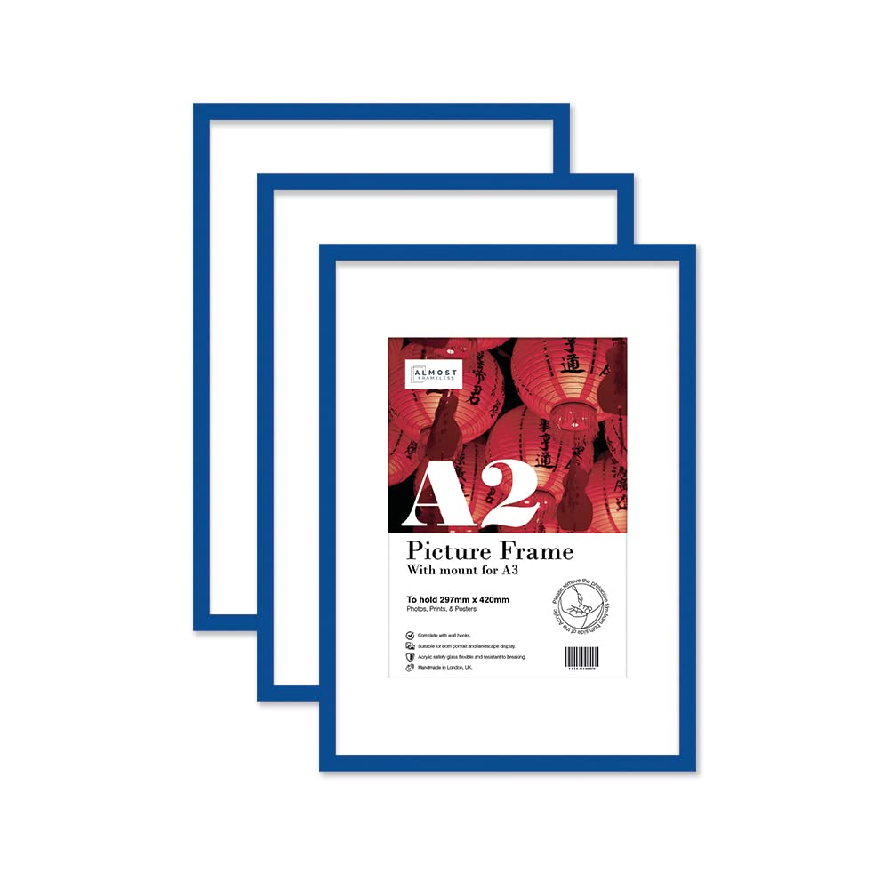 Almost Frameless Blue A2 Picture Frame Set Of 3, Display A3 Pictures With Mount Or A5 Without Mount Gallery Wall, Poster, Photo, Artwork, Or Print,