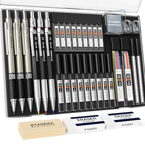 Opiniones de Juegos de dibujo más recomendados. 49 STAGEEK - Juego de 34 lápices mecánicos artísticos, 0.5, 0.7, 0.9 mm y 3 lápices de dibujo mecánicos de 2.0 mm con 384 correas (6B 4B 2B HB 2H 4H) para dibujo de dibujo de...