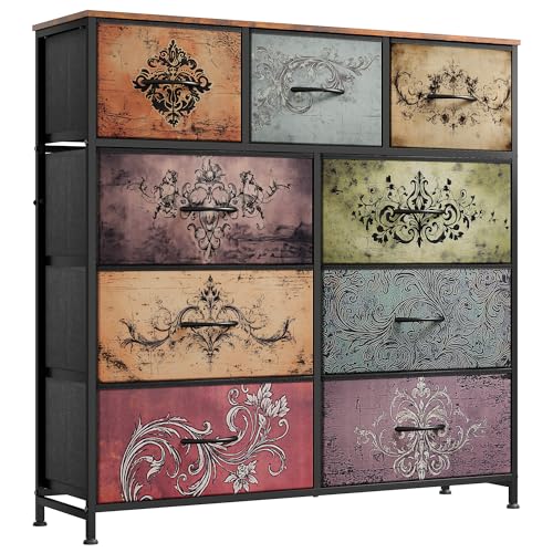 Image of WLIVE 9 Drawer Dresser, Fabric Storage Tower for Bedroom, Hallway, Closet, Tall Chest Organizer Unit for Bedroom with Fabric Bins, Steel Frame, Wood Top, Easy Pull Handle, Pattern