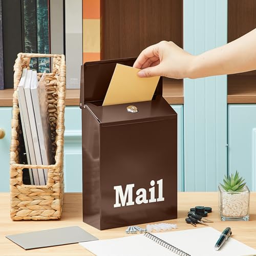 Image of MorningRo 10 x 7 x 3 Inch Small Brown Wall Mount Mailbox with Lock Key for Outside Apartment Porch Rust Proof Security Key Drop Box for Letters Newspapers Cards