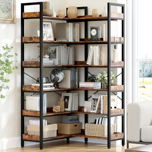 KOUSEI 6-Tier L-Shaped Reversible Corner Bookshelf, 69" Rustic Brown Industrial Wood & Metal Bookcase, Wide Open Shelves + 4 Hooks for Living Room/Bedroom/Home Office - Image 3