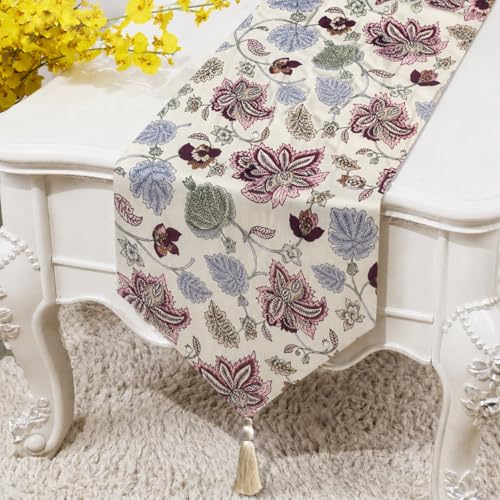 Image of COZY FURNISH Decorative Floral Cotton Table Runner - Tassel Dining Table Runner for 6 Seater & Bed Runner | Washable Home Furnishing Runner 13x72 Inch