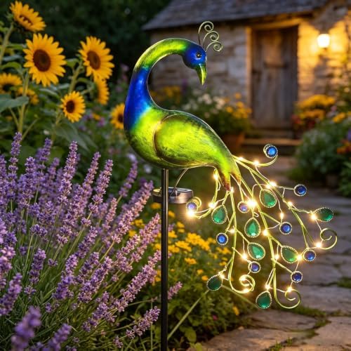 Solar Garden Lights Metal Peacock Garden Decor Waterproof Peacock Solar Stake Lights Decorative for Outdoor Patio Lawn Porch Yard Decorations Peacock Gifts for Mom Grandma Women Birthday Gardening