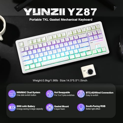 Image of YUNZII YZ87 Gasket Mechanical Keyboard,TKL Wireless Hot Swappable with 5-Layer Padding, BT5.0 /2.4G /USB-C NKRO RGB Backlit for Win /Mac(White Line, Milk Switch)