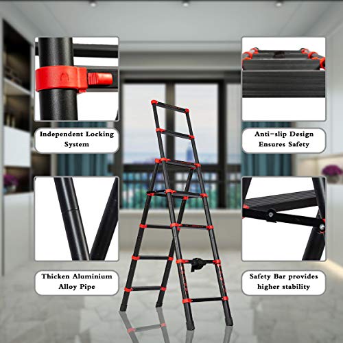 5+7 Telescoping Ladder A-Frame Aluminum Extension Ladder Lightweight Portable Multi-Purpose Folding Ladder,Adjustable and Folding Ladder with Hand Rails and Safety-Lock,330 Pound Capacity