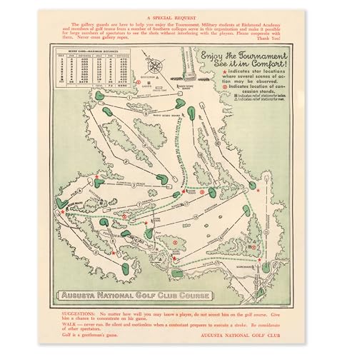 Masters Golf Wall Art Vintage Augusta National Course Map 1954