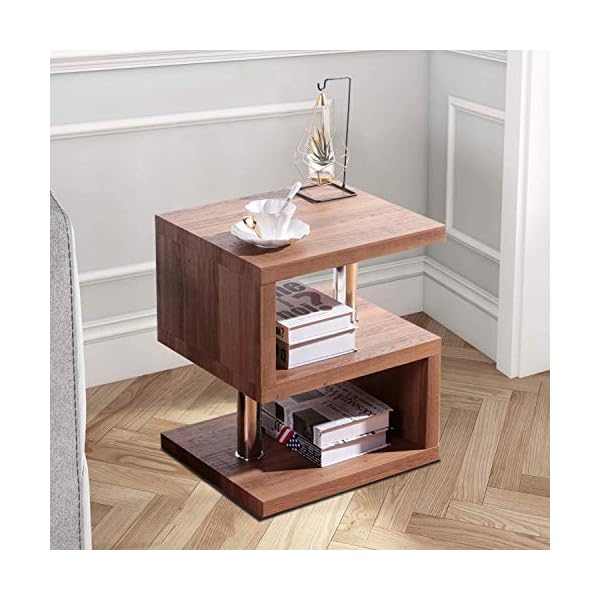 GOLDFAN High Gloss S-Shape Side End Table with 3 Tier Storage Shelves Modern Wood Small Coffee Sofa Table Bedside