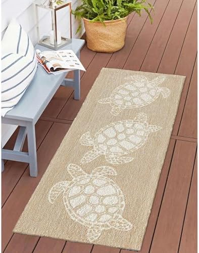 Liora Manne CAPRI Indoor/Outdoor Handmade Synthetic Blend Durable Area Rug - Transitional Geometric Casual Beach Colorful (Turtle Neutral) (2' x 5')