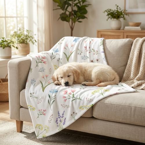 Horaldaily Pets Flannel Blanket Spring Summer Watercolor Wild Flowers Blooming Soft Fuzzy Fluffy Plush Cozy Fleece Premium Blankets for Dog Cat Puppy Kitten Couch Protection 20x30